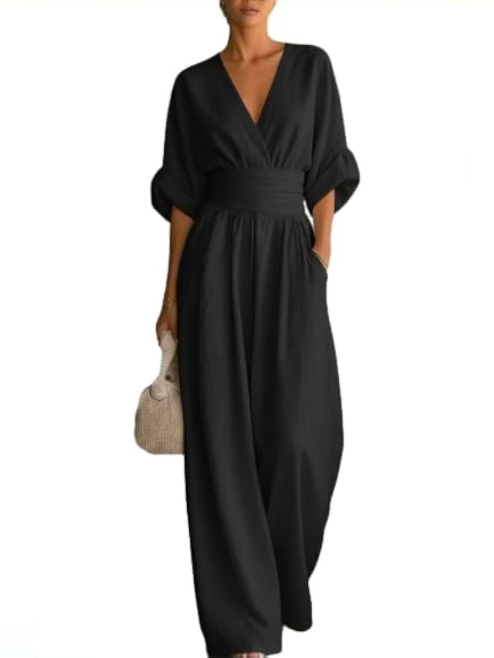 Linen Blend Wide Leg Jumpsuit, V Neck High Waist One Piece Outfit